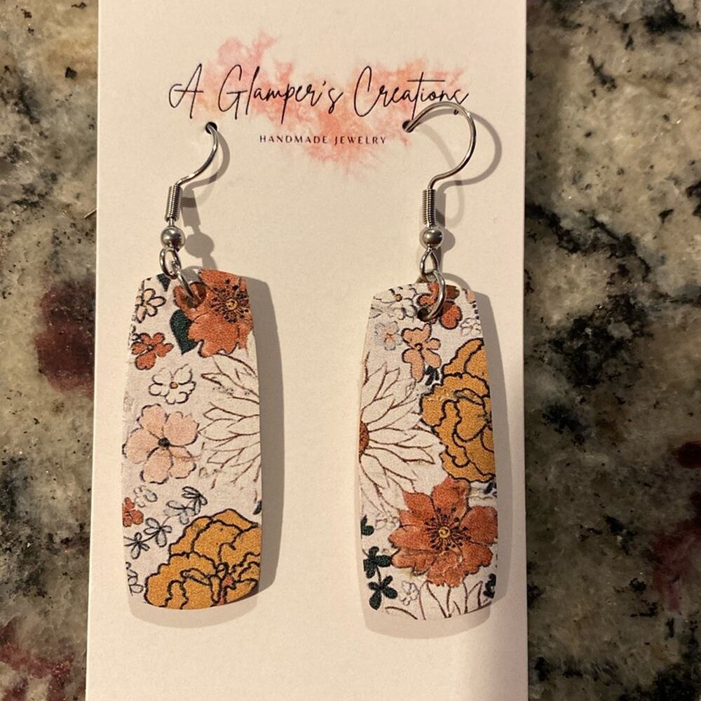 Fall floral leather rectangle dangle French‎ wire earrings